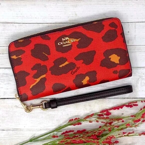 S Coach Long Zip-Around Wallet Red Leopard Wristlet Cheetah C6428 Leopardo - Picture 3 of 10